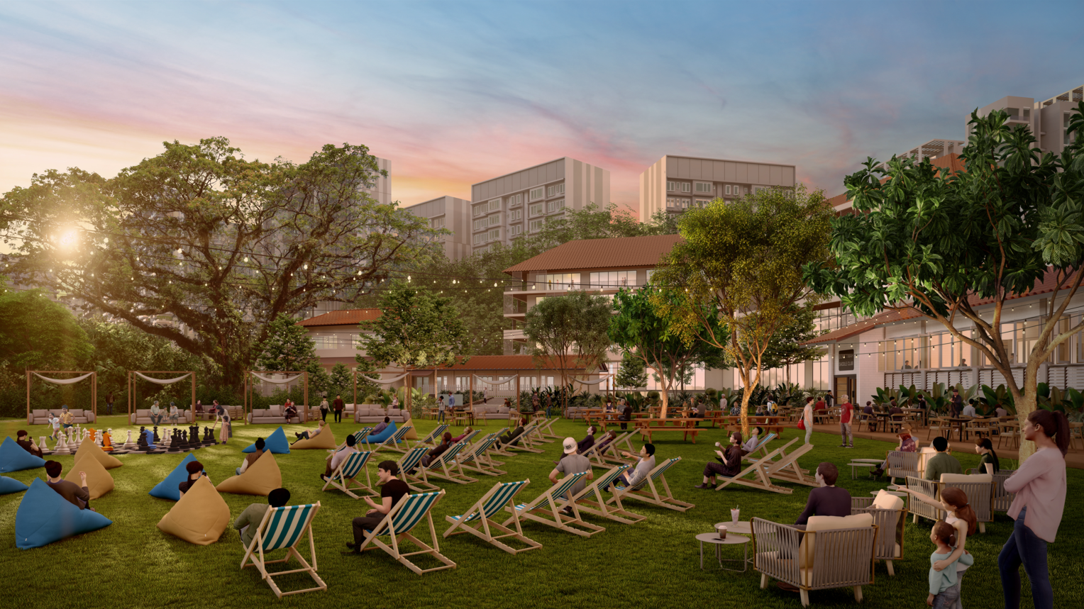 Rendering of a recreational park with people relaxing on lawn chairs, bean bags, and lounge areas in a green space surrounded by buildings.
